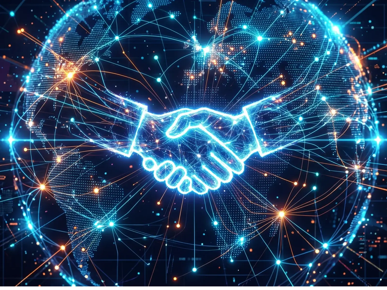 Abstract illustration of glowing network nodes connected by lines, symbolizing a global partner network