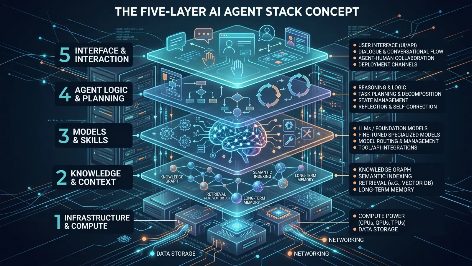 Abstract illustration of a five-layer AI agent infrastructure stack, representing orchestration, sandboxing, memory, observability, and compute.