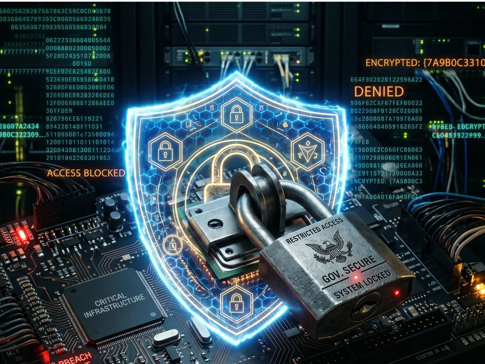 A glowing shield, a lock over a circuit board