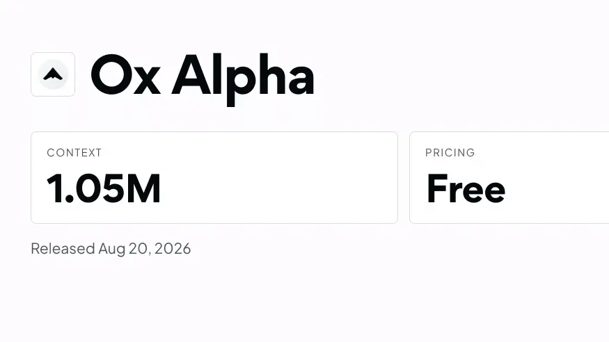 OpenRouter's model card for Ox Alpha, showing a 1.05M token context window, pricing listed as Free, and a release date of August 20, 2026.
