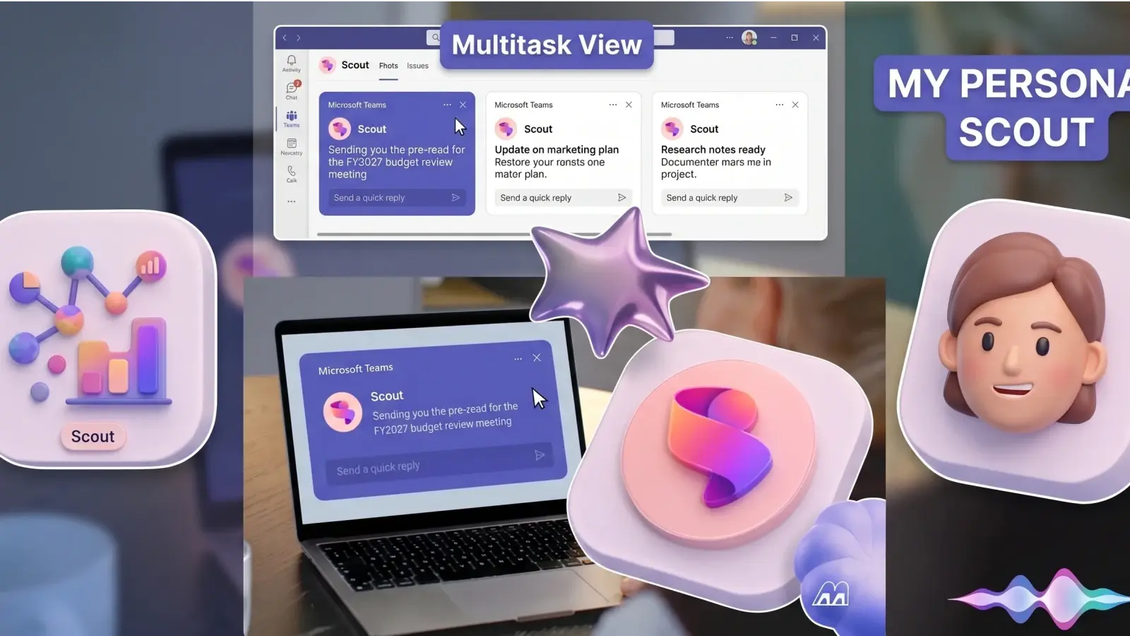 Microsoft Scout assistant concept connected to Teams, Outlook, calendar, and Microsoft 365 files