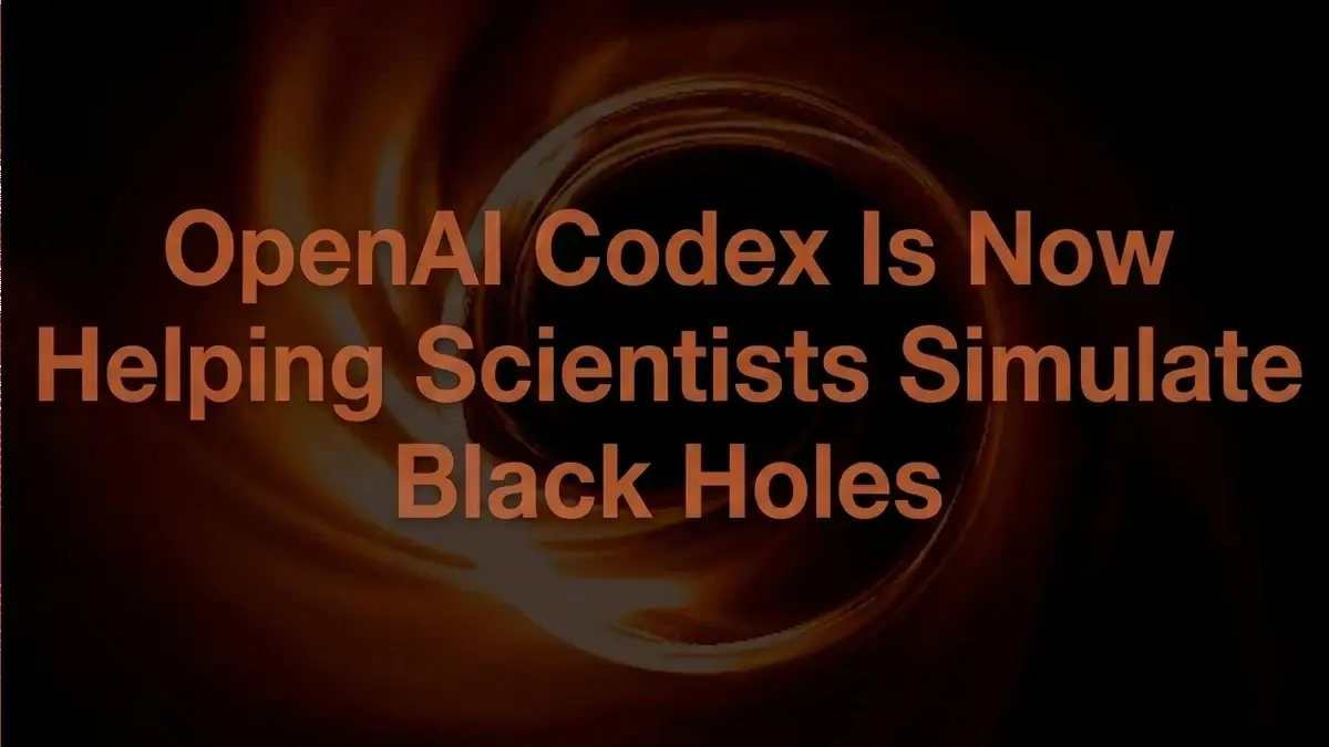 Cinematic illustration of a supermassive black hole with a glowing plasma ring and magnetic field lines, featuring the white OpenAI Codex logo in the top-right corner.