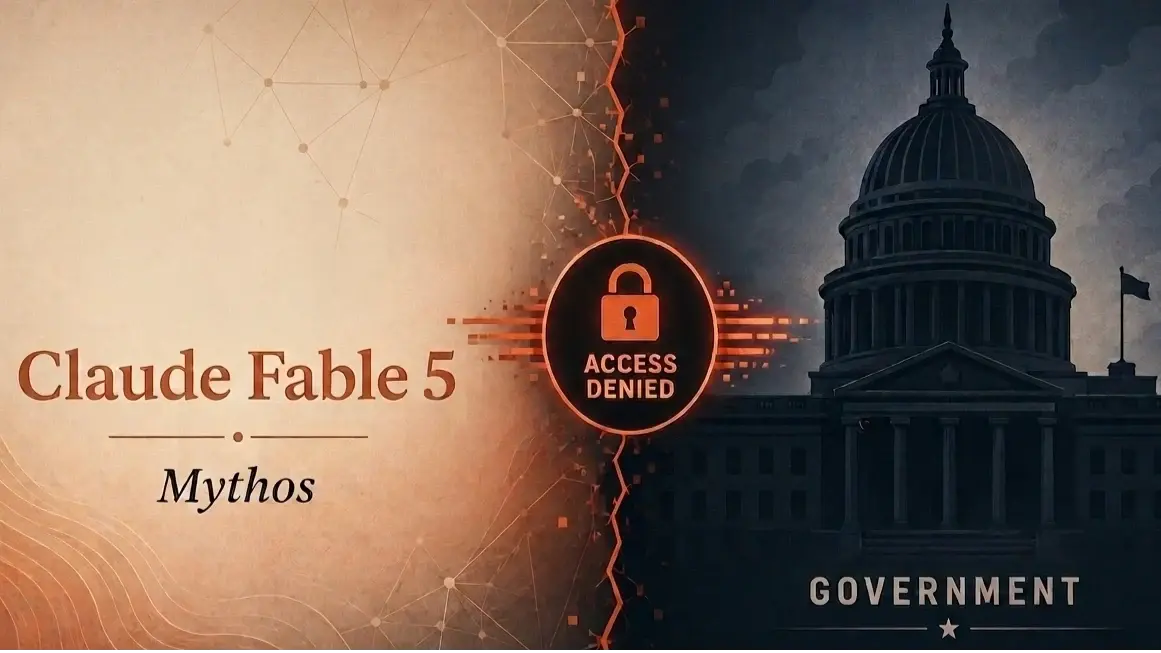 Anthropic logo blocked by a government access denied symbol representing the shutdown of Claude Fable 5 and Claude Mythos AI models.