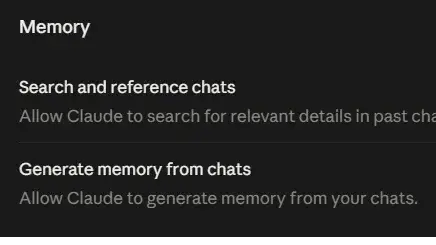 Claude's Memory settings panel showing the Search and reference chats and Generate memory from chats toggles.