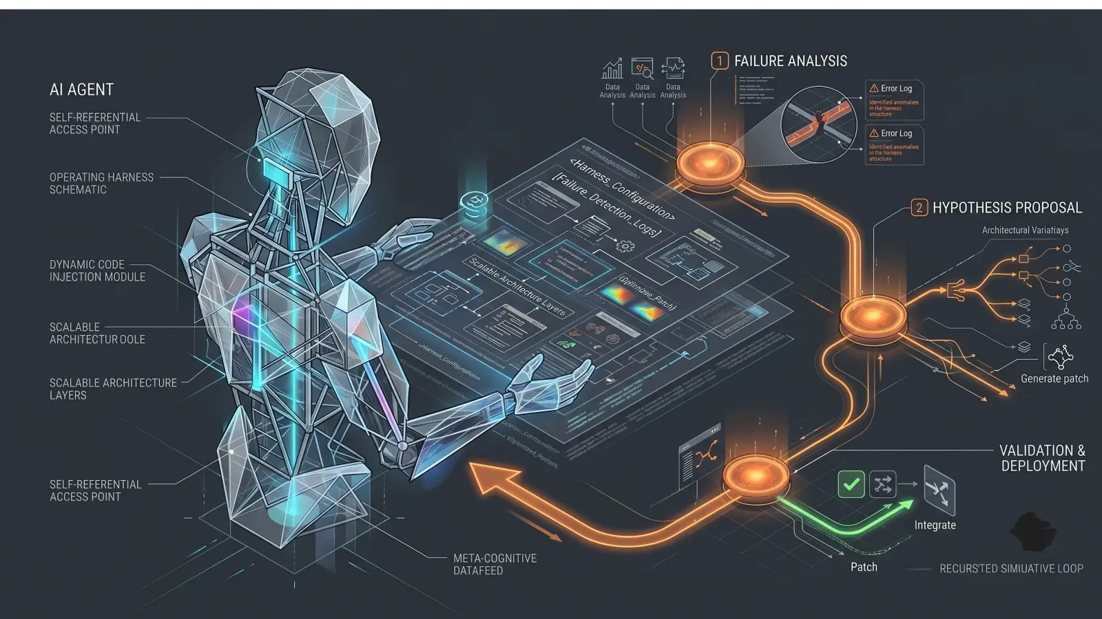 Diagram illustrating an AI agent rewriting its own operating harness through a three-stage loop of failure analysis, proposal, and validation.