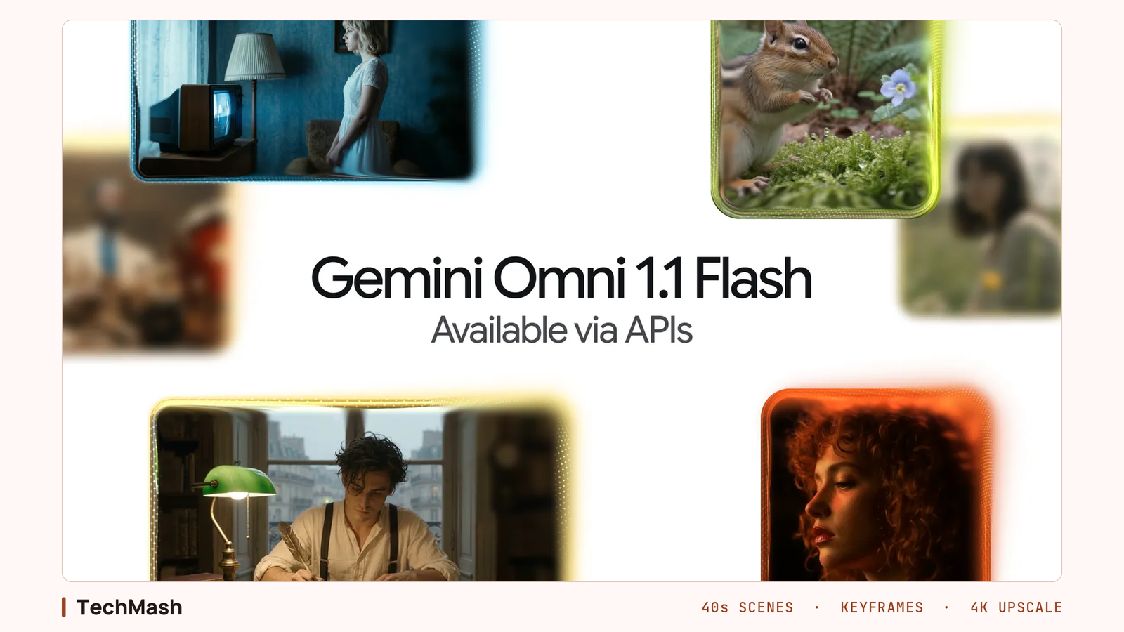 Google's launch card reading "Gemini Omni 1.1 Flash, Available via APIs" over a collage of generated video stills, framed on a TechMash card with the label "40s scenes, keyframes, 4K upscale".