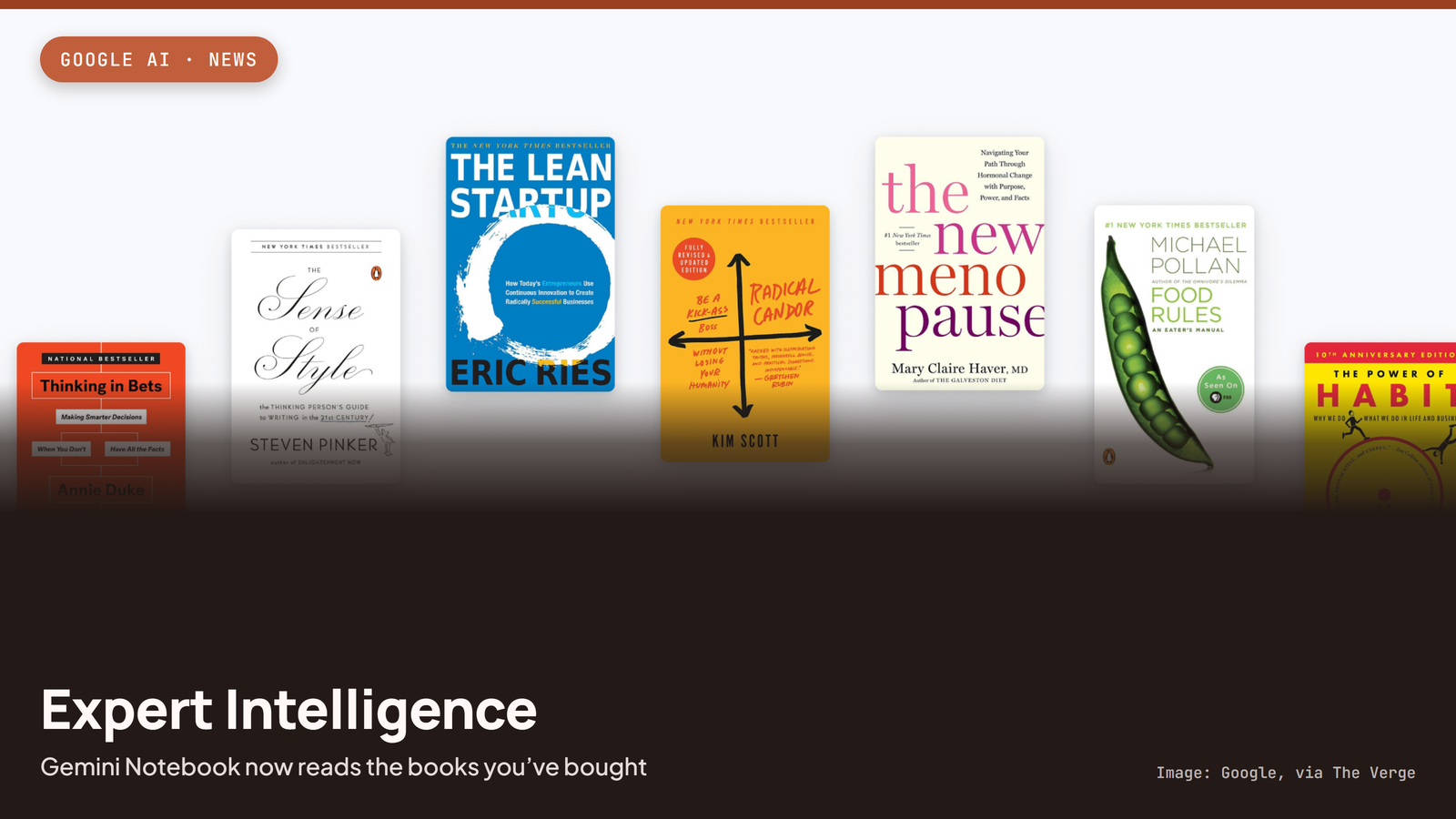 Gemini Notebook's Expert Intelligence feature: real book covers including Radical Candor and Food Rules above the app's prompt bar, with a TechMash headline overlay reading "Expert Intelligence, Gemini Notebook now reads the books you've bought."
