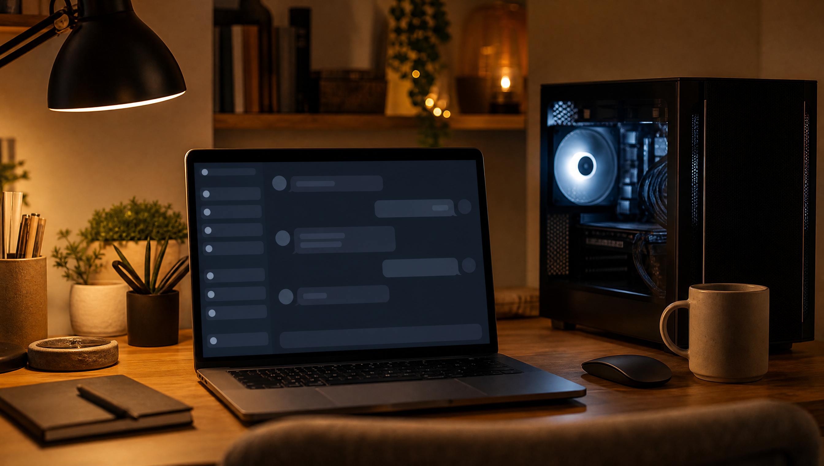 A laptop showing a minimal chat interface on a desk at night, next to an open PC tower, illustrating a private AI chatbot running locally