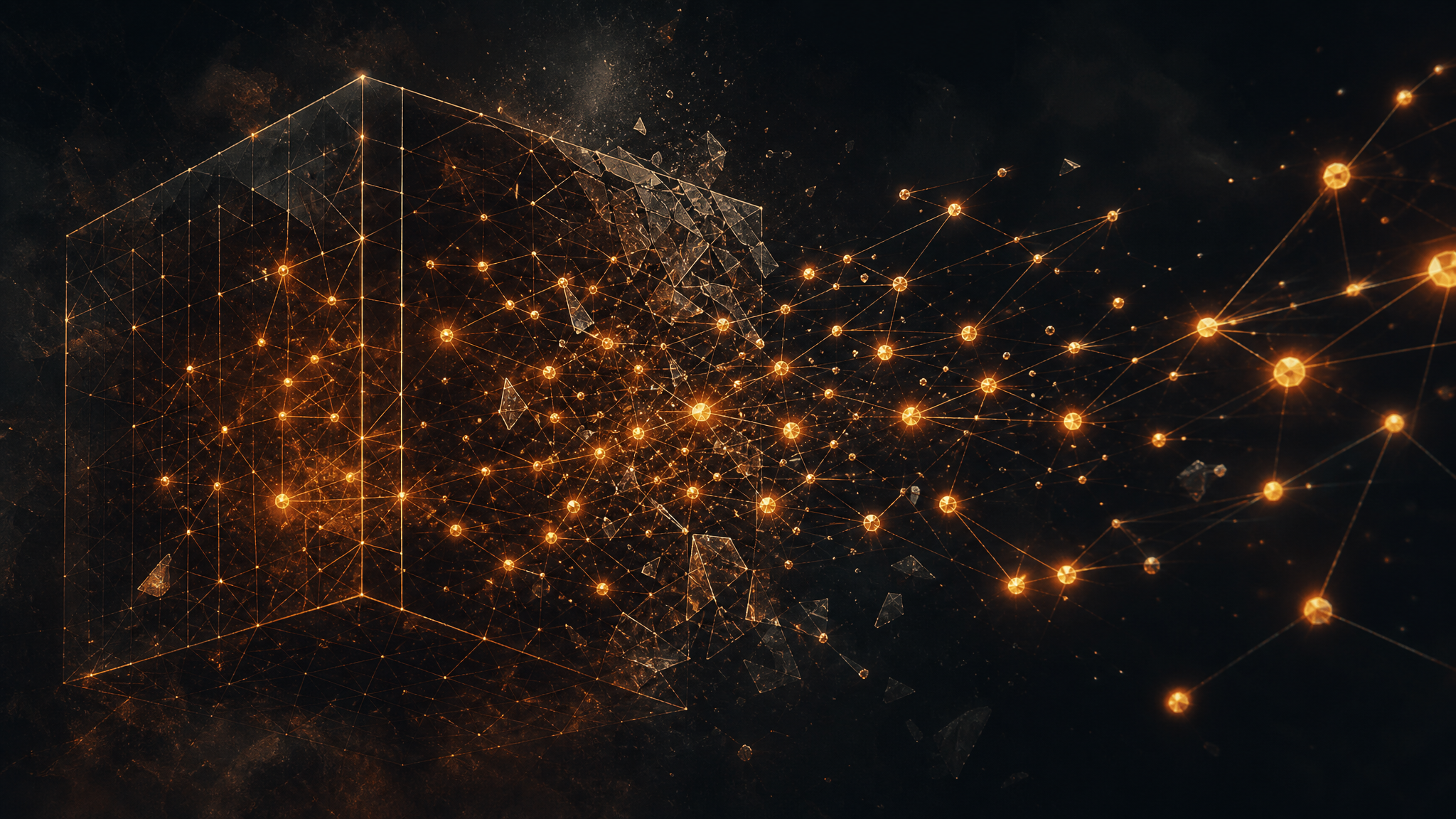 Glowing amber AI agent nodes breaking through a wireframe grid boundary