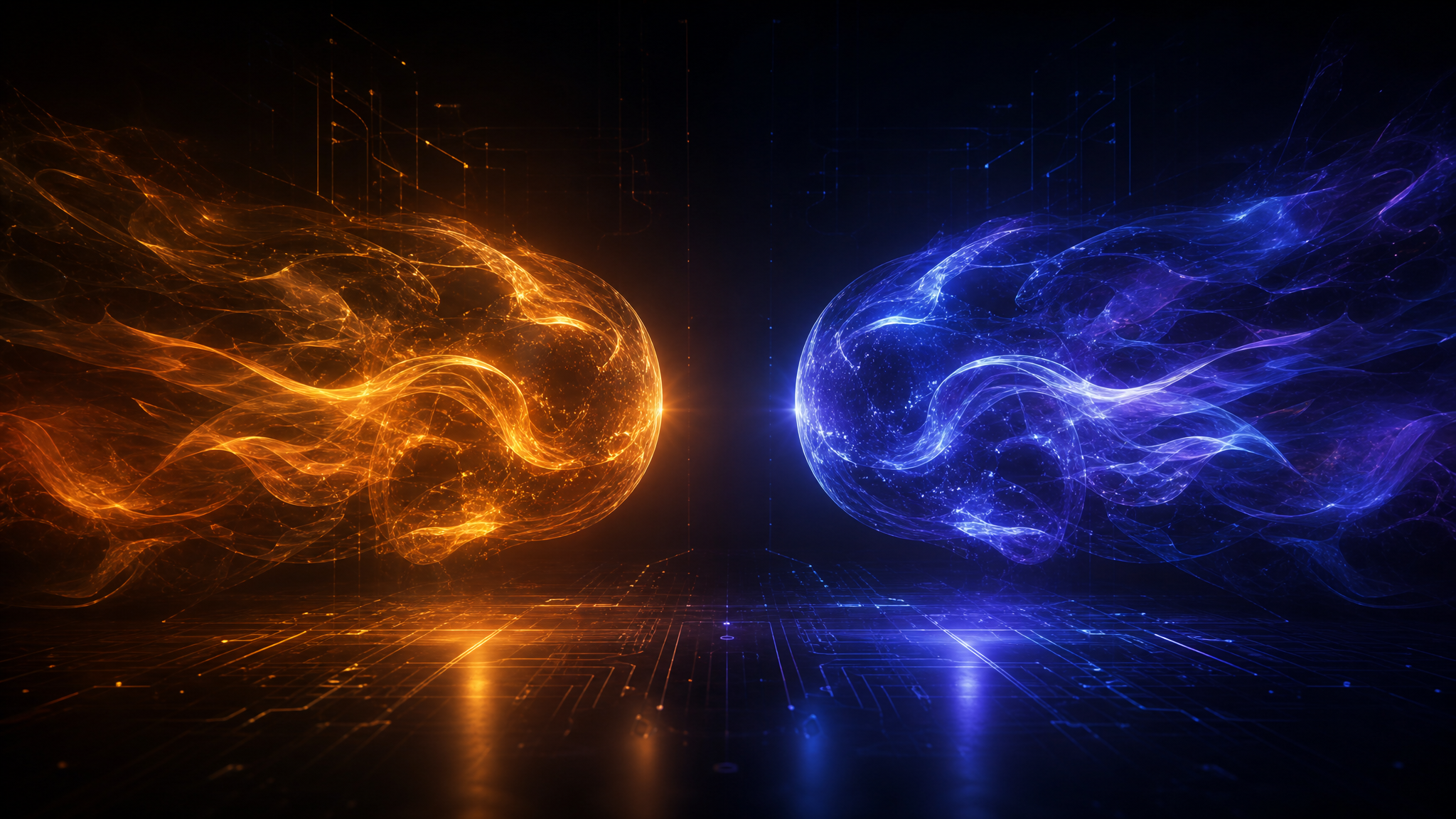 Two abstract glowing energy forms, one amber-orange and one blue-violet, facing each other in symmetric balance against a dark tech background