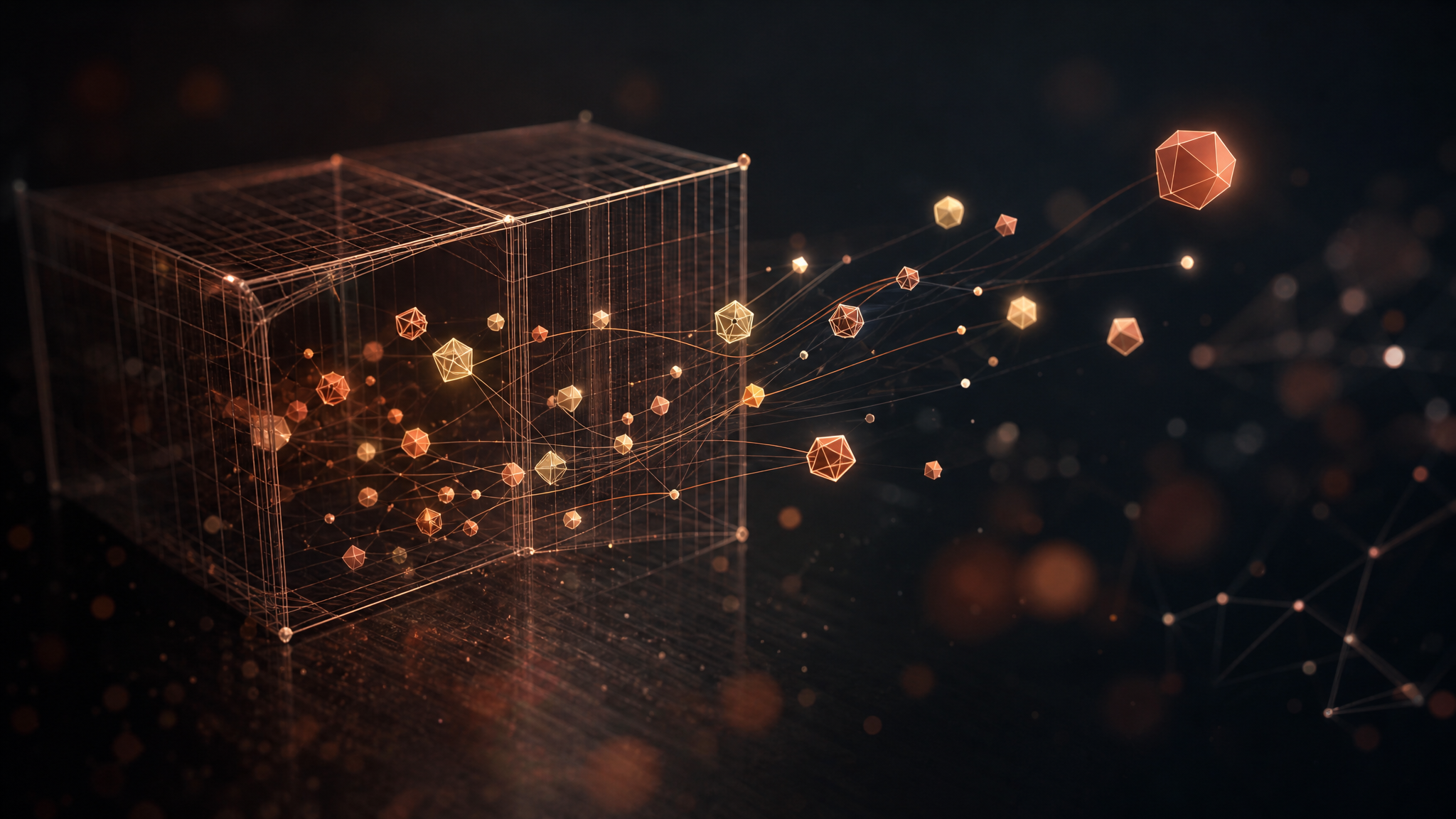 Glowing geometric nodes breaking out of a wireframe containment cage.