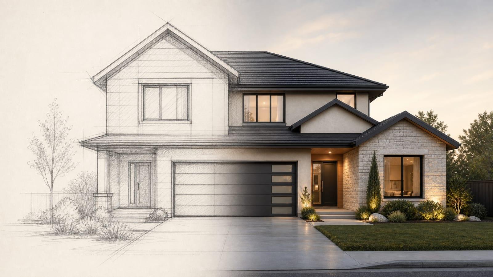 Illustration of a hand-drawn pencil sketch of a house transforming into a photorealistic rendering, left to right